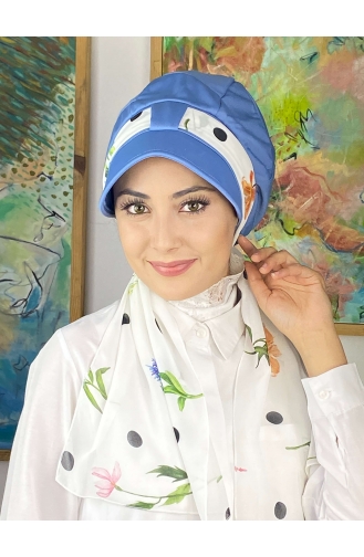 Şifon Fularlı Biritli Mavi Şapka 214MAYŞAP02-05 Beyaz
