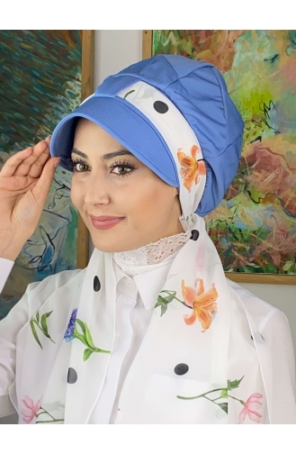 Şifon Fularlı Biritli Mavi Şapka 214MAYŞAP02-05 Beyaz