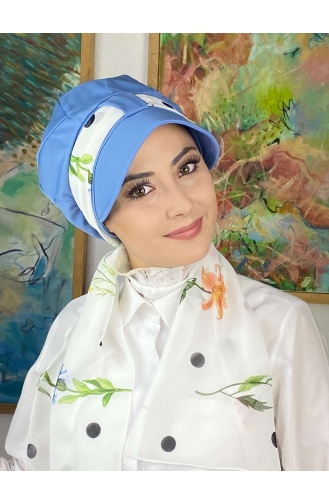 Şifon Fularlı Biritli Mavi Şapka 214MAYŞAP02-05 Beyaz