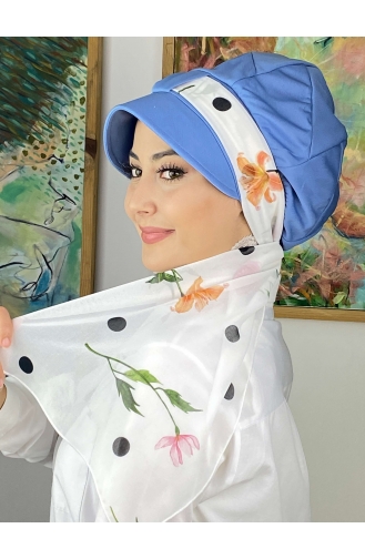 Şifon Fularlı Biritli Mavi Şapka 214MAYŞAP02-05 Beyaz