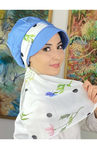 Şifon Fularlı Biritli Mavi Şapka 214MAYŞAP02-05 Beyaz