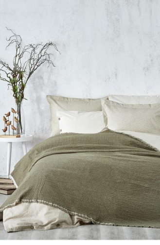Ecocotton Melina Çift Kişilik Yatak Örtüsü 100 Organik Pamuk Yün Karışımlı Hemp Yeşil Bej 230X250 Cm Yeşil Bej