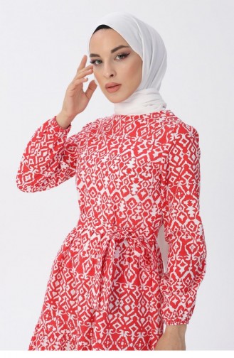 Kemerli Desenli Elbise 13601 Kırmızı