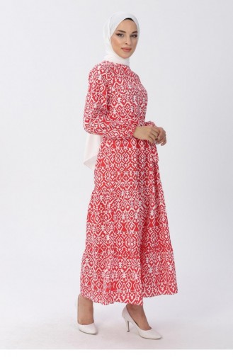Kemerli Desenli Elbise 13601 Kırmızı