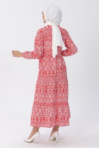 Kemerli Desenli Elbise 13601 Kırmızı
