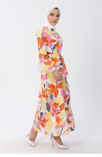 Kemerli Desenli Elbise 13601 Sarı