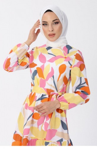 Kemerli Desenli Elbise 13601 Sarı