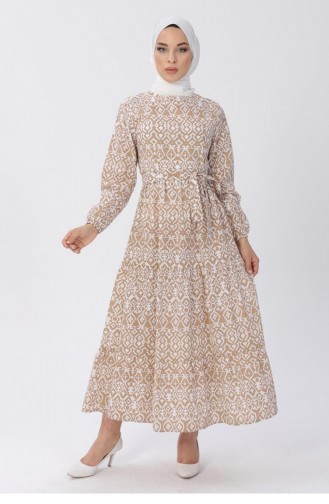 Kemerli Desenli Elbise 13601 Vizon