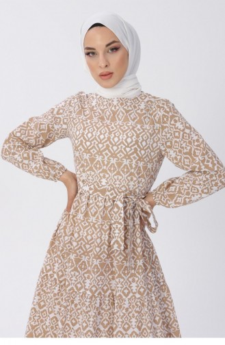 Kemerli Desenli Elbise 13601 Vizon