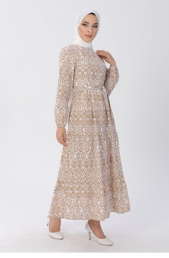 Kemerli Desenli Elbise 13601 Vizon