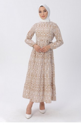 Kemerli Desenli Elbise 13601 Vizon