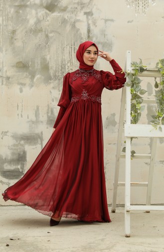 Claret Red Hijab Evening Dress 52822-02