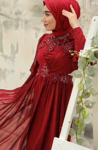 Claret Red Hijab Evening Dress 52822-02