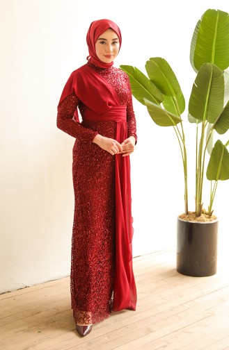 Claret Red Hijab Evening Dress 5618-03