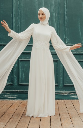 Ecru Hijab Evening Dress 9001-05
