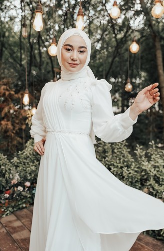 İşlemeli Şifon Tesettür Abiye Elbise 3402-01 Ekru