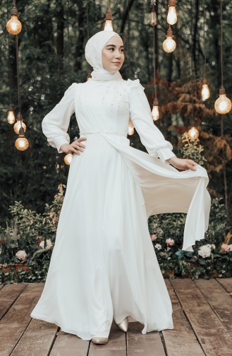 İşlemeli Şifon Tesettür Abiye Elbise 3402-01 Ekru
