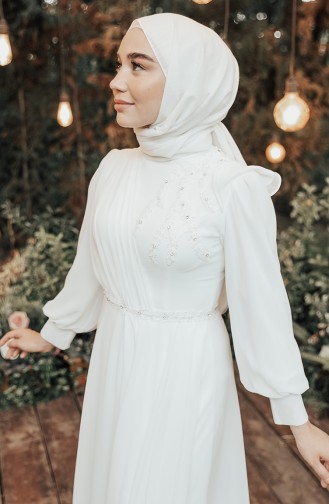 İşlemeli Şifon Tesettür Abiye Elbise 3402-01 Ekru