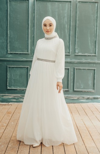 Ecru Hijab Evening Dress 4871-04