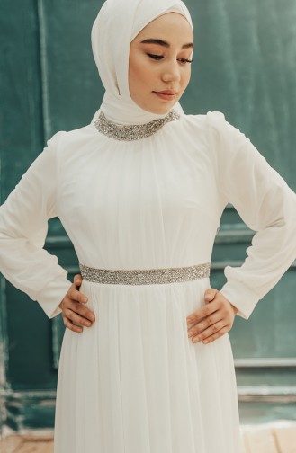Ecru Hijab Evening Dress 4871-04