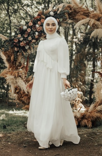 Ecru Hijab Evening Dress 4907-01