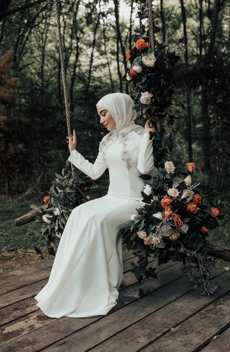 Taşlı Abiye Elbise 8625-02 Ekru