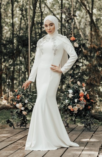 Taşlı Abiye Elbise 8625-02 Ekru