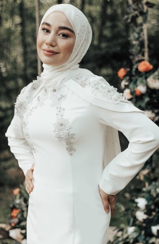 Taşlı Abiye Elbise 8625-02 Ekru