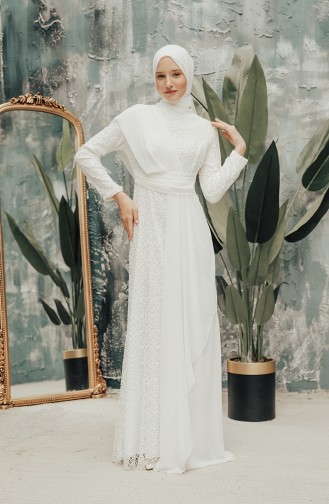 Ecru Hijab Evening Dress 5618-01