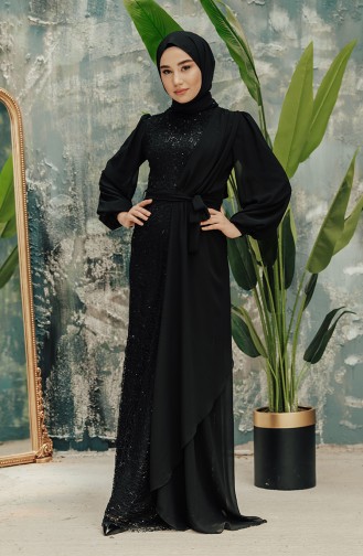 Black Hijab Evening Dress 5516-06