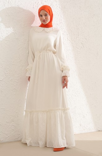 Oyya Bebe Yaka Fisto Garnili Viskon Elbise 228424-01 Ekru