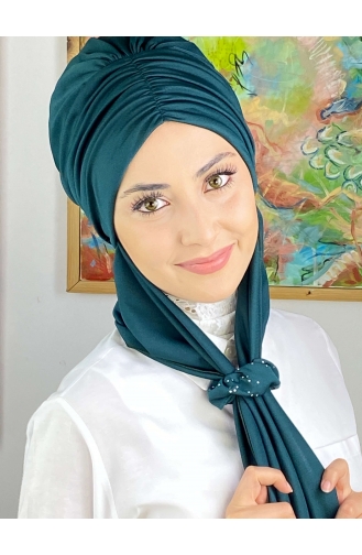 Büzgülü Taşlı Tokalı Atkılı Bone 3514MAYŞAP35-08 Zümrüt Yeşili
