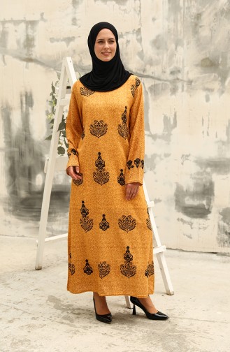 Cotton Patterned Dress 3333-04 Mustard 3333-04