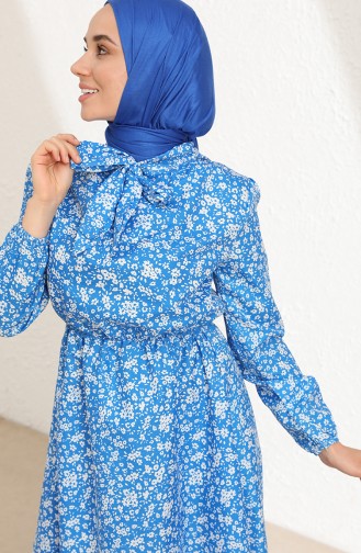 Fular Detayli Desenli Elbise 7711-03 Mavi
