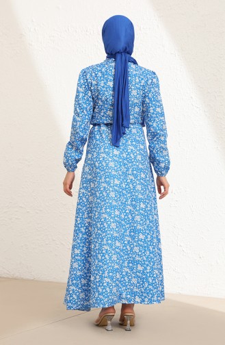 Fular Detayli Desenli Elbise 7711-03 Mavi