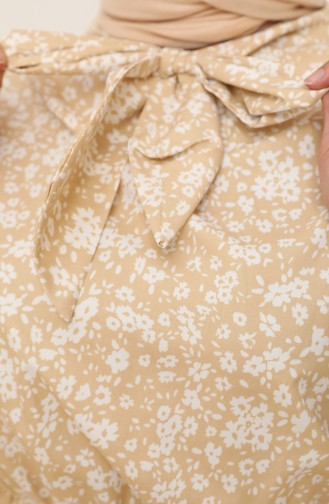 Fular Detayli Desenli Elbise 7711-06 Açık Buğday