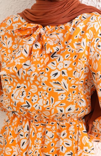 Fular Detayli Desenli Elbise 7711-08 Oranj