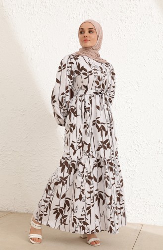 Desenli Kuşaklı Elbise 6001-01 Kahverengi Beyaz