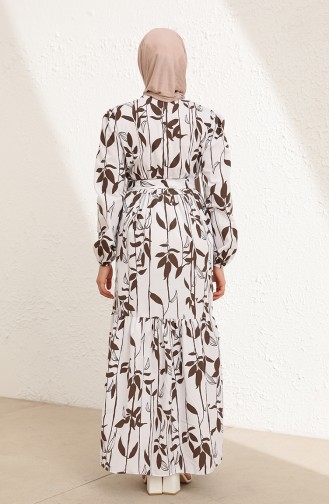 Desenli Kuşaklı Elbise 6001-01 Kahverengi Beyaz