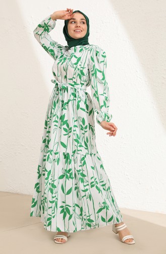 Desenli Kuşaklı Elbise 6001-02 Yeşil Beyaz