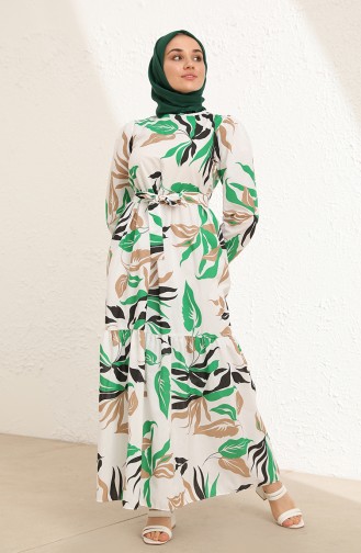 Desenli Kuşaklı Keten Elbise 6005-01 Beyaz Yeşil