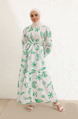 Desenli Elbise 6007-01 Beyaz Yeşil