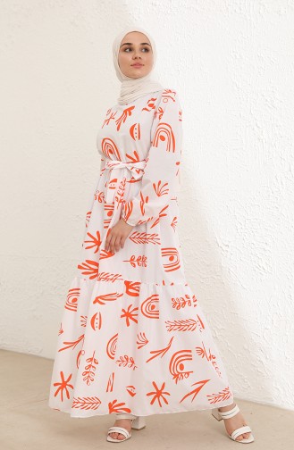Desenli Elbise 6007-03 Beyaz Oranj
