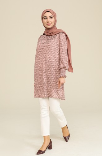 Desenli Saten Tunik 2474-04 Kahve
