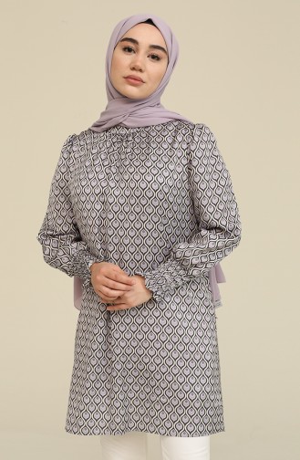 Desenli Saten Tunik 2474-05 Gri Mor