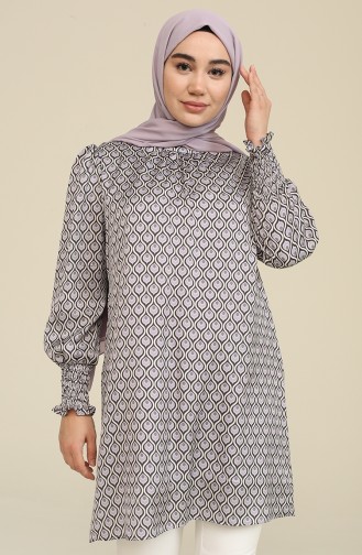 Desenli Saten Tunik 2474-05 Gri Mor