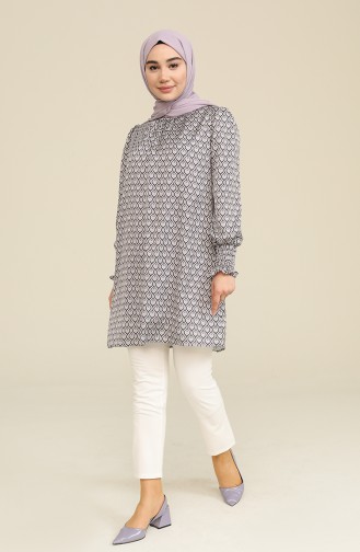 Desenli Saten Tunik 2474-05 Gri Mor