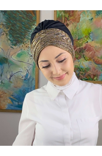 Simli Büzgülü Siyah Bone 4914MAYŞAP49-01 Siyah Altın Sarısı