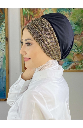 Simli Büzgülü Siyah Bone 4914MAYŞAP49-01 Siyah Altın Sarısı