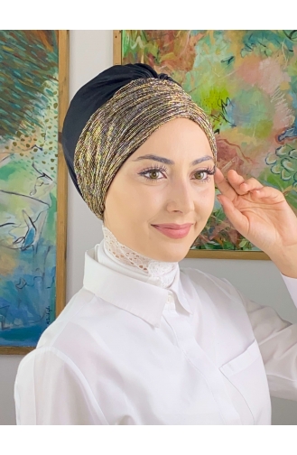 Simli Büzgülü Siyah Bone 4914MAYŞAP49-01 Siyah Altın Sarısı
